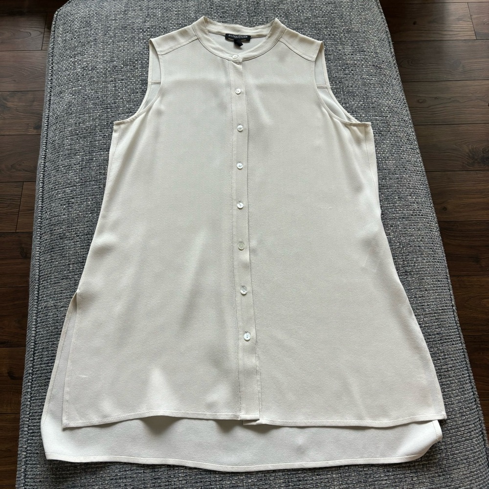 Eileen Fisher Petite Bone Mandarin Collar Tunic in Silk Georgette Crepe | Sz PS